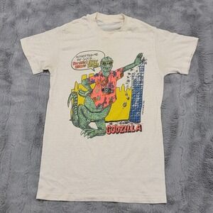 Vintage 1986 Godzilla Fun Wear Shirt Mens XS White Hawaiian Graphic Movie Promo